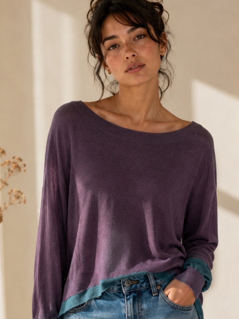 Cashmere/Modal Relaxed Purple Long-Sleeve Boatneck Top with Teal Trim